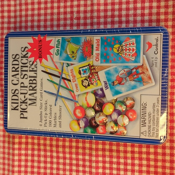 Kids Cards, Pick-Up Sticks, and Marbles Classic Games in Tin (New) - Picture 1 of 5